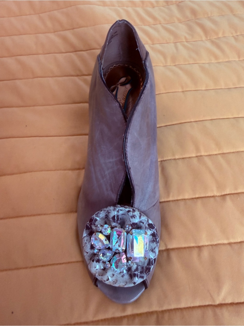 Poetic License Brown Peep-Toe Heeled Bootie with Rainbow Gem Accent